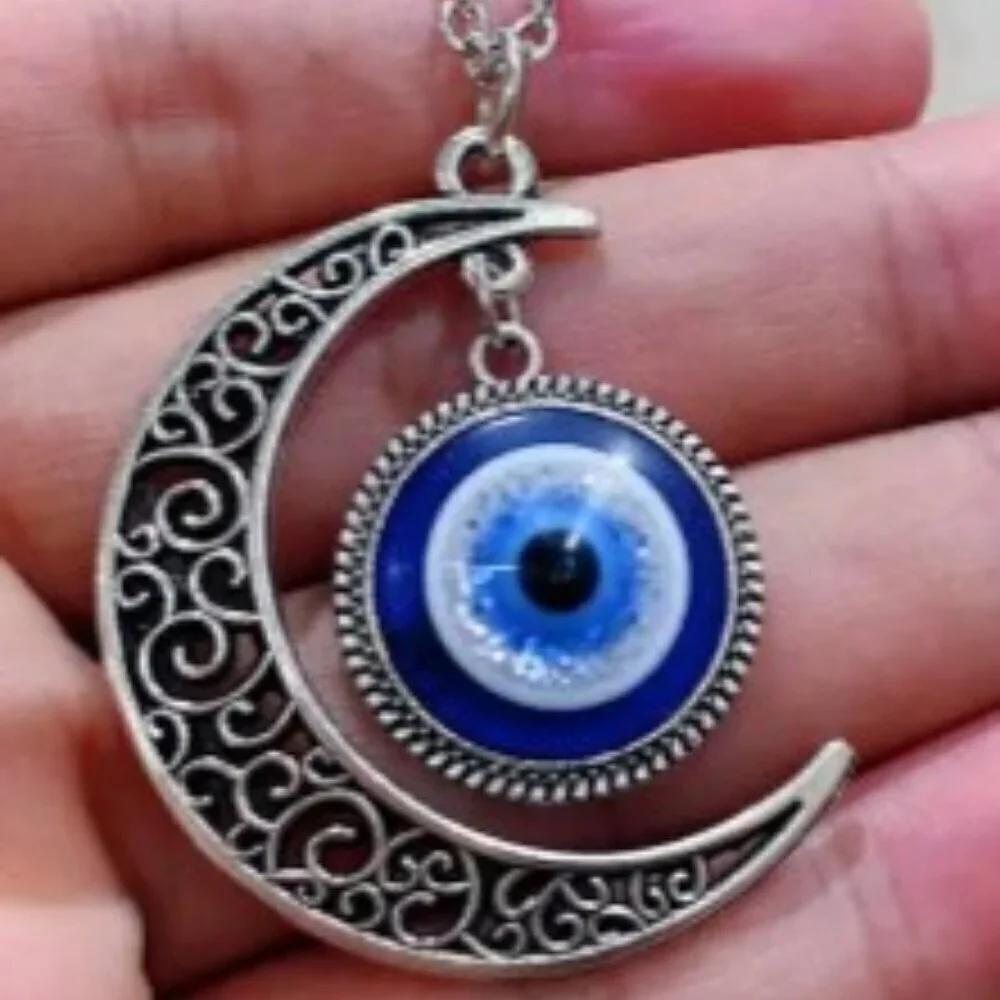 Turkish Blue Eye With Golden Moon Evil Eye Pendant Necklace Vintage-inspired